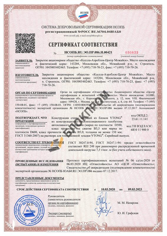 Сертификат соответствие Ytong 2025